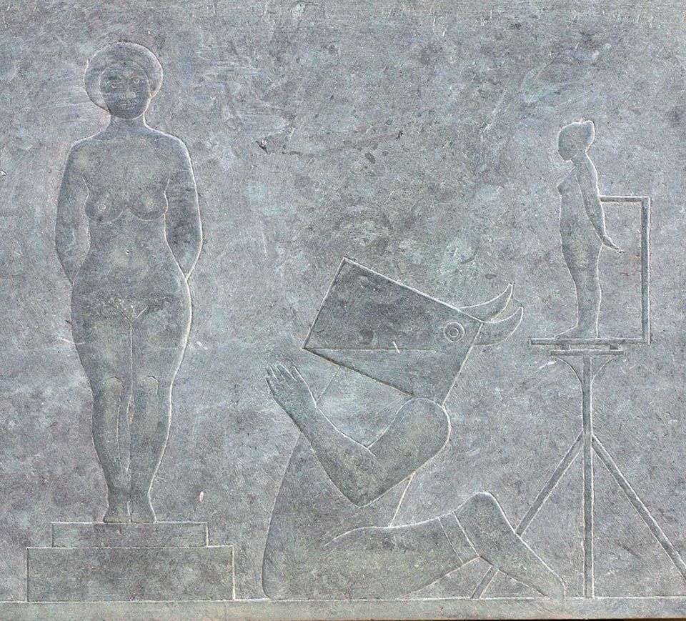 Stein-Relief mit Atelierszene von Klaus Kütemeier
